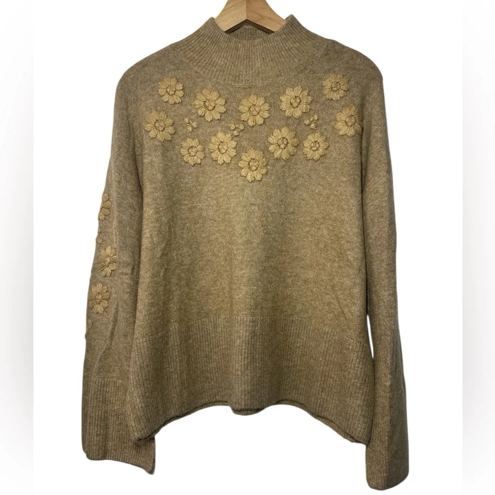 CeCe Tan Knit Sweater Floral Embroidery